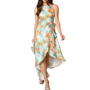 Orange and Green High Low Wrap Dress